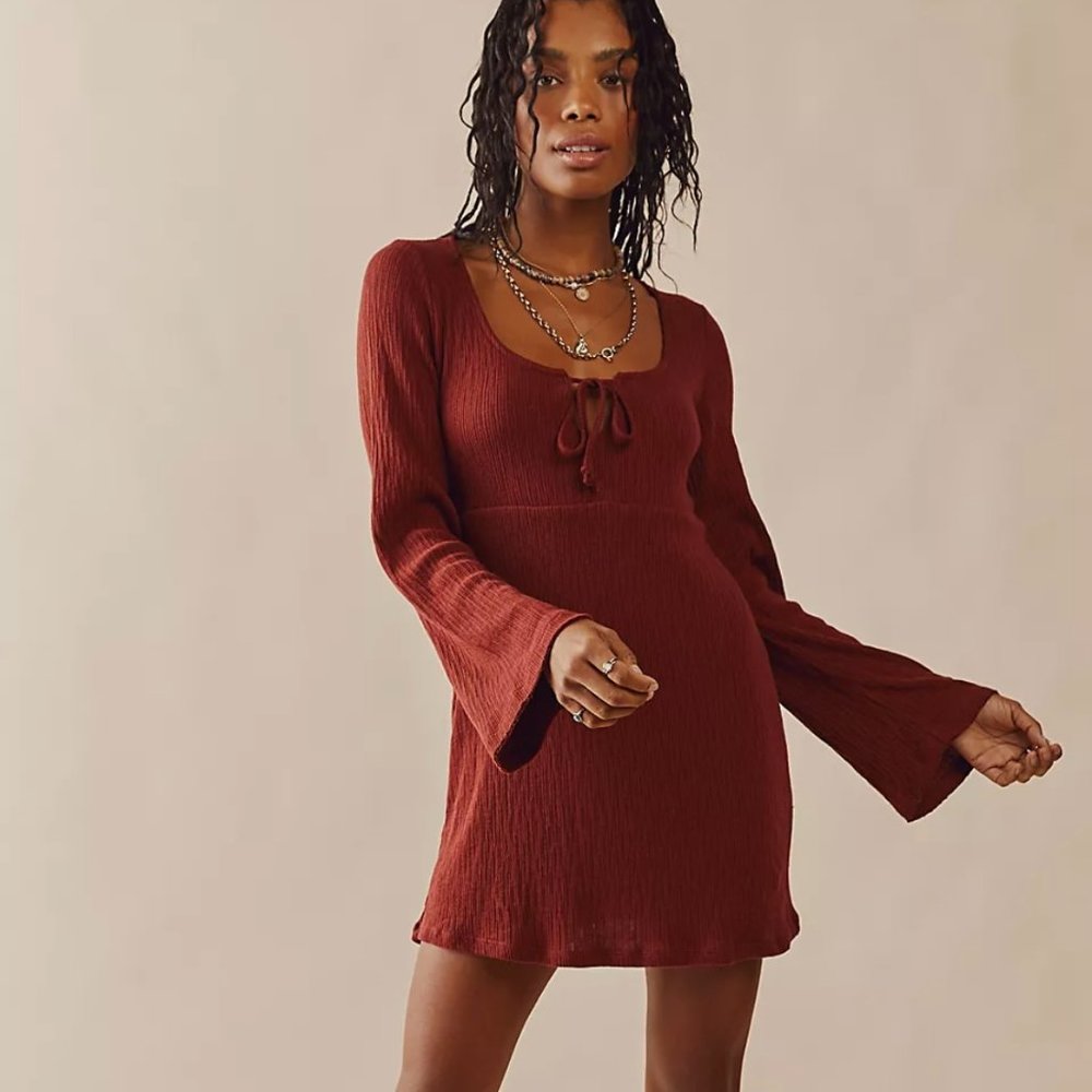 Free People Brynne Mini Dress | Empress Rock | Trumpet Sleeves | Small | NWT